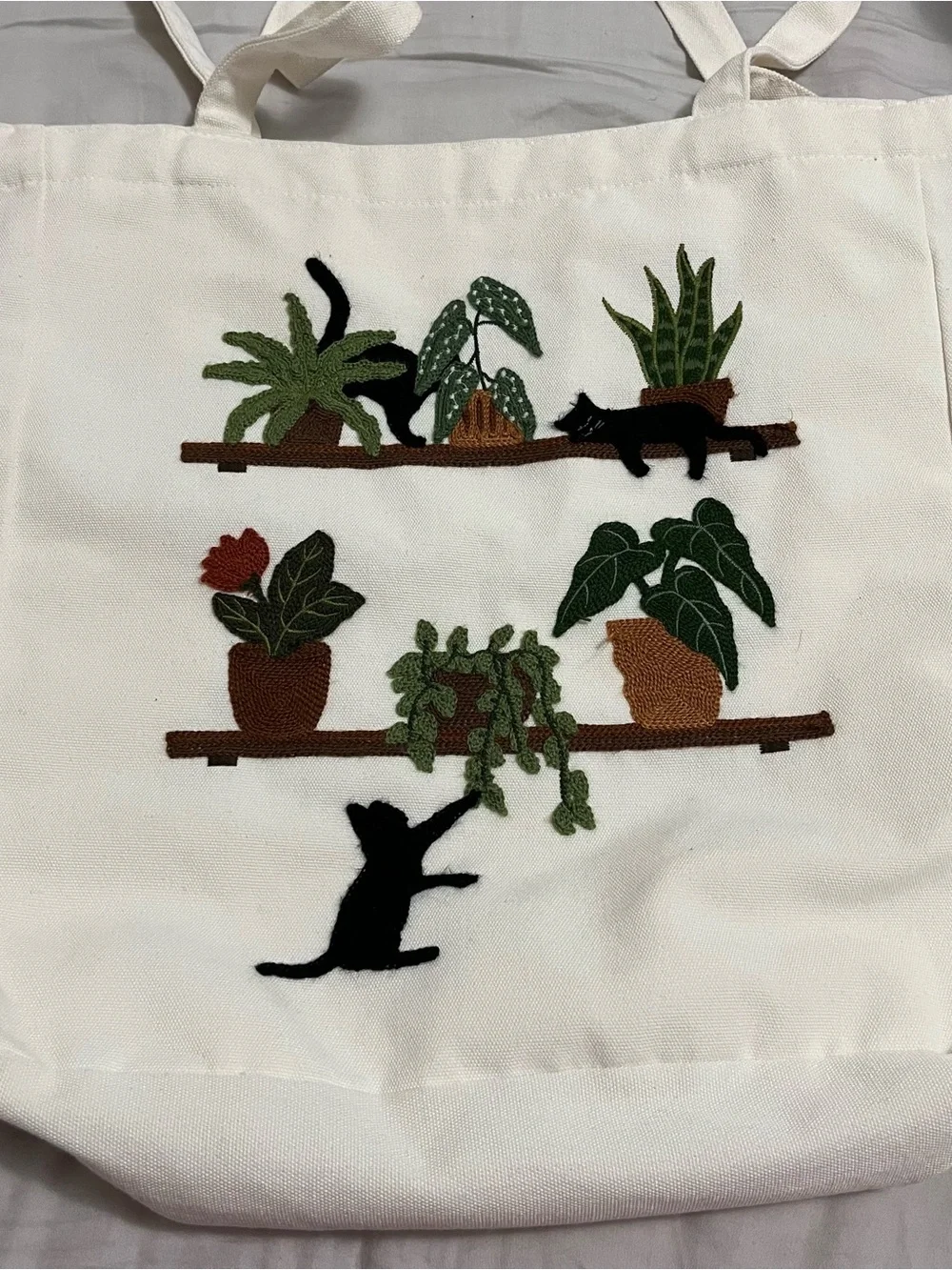 Canvas Tote Bag with Green Plant and Black Cat Embroidery